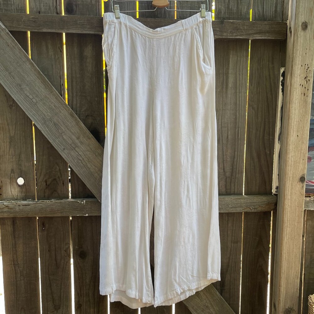 CP SHADES Vintage Rayon White Floral Jacquard Wide-Leg Pants - Large